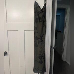 Dark green floral cowl neck midi dress with slit